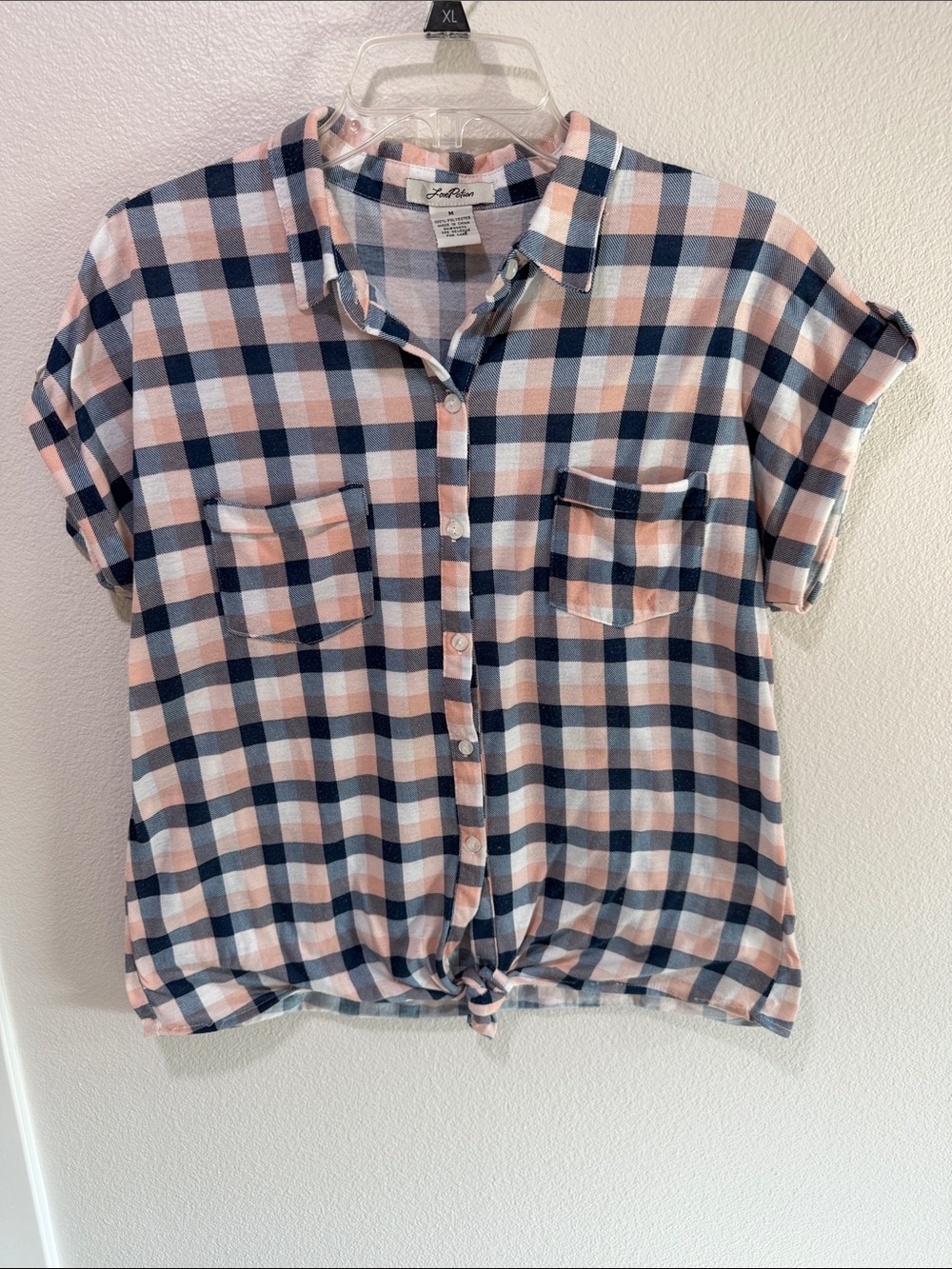 Navy, Pink & White Plaid Tie-Front Button-Down Shirt